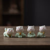 Ceramic Lucky Cat Figurine Set, Mini White and Green Decoration