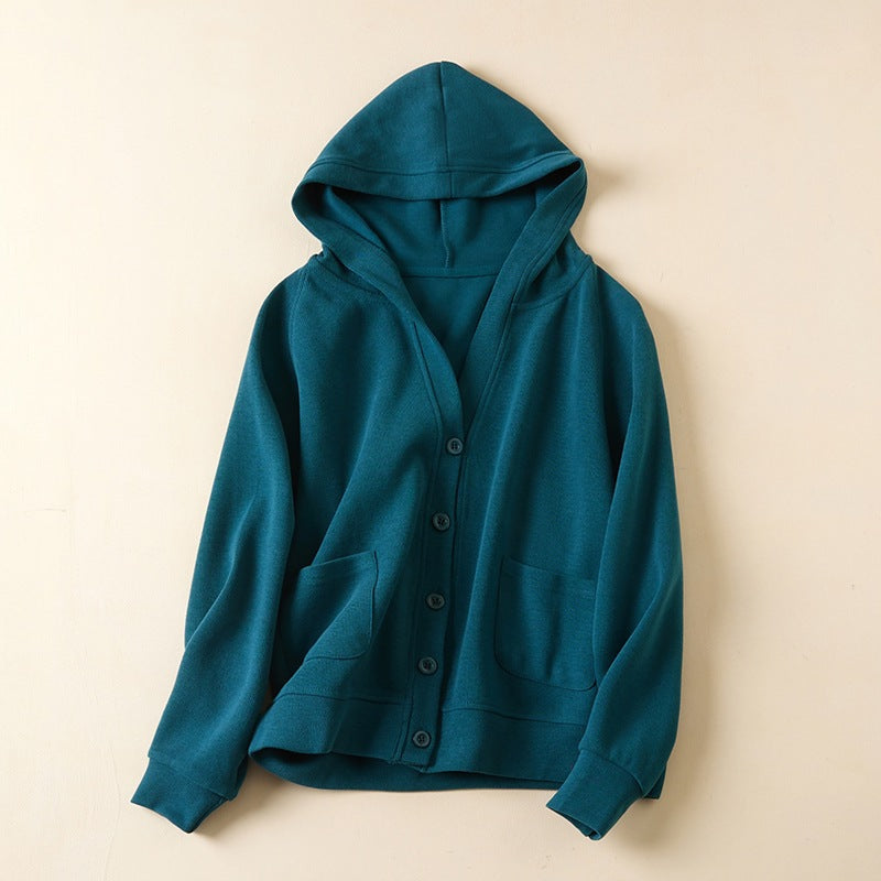 Teal blue women's hooded jacket with buttons and pockets
