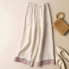 Women's Wide Leg Pants with Embroidered Hem, Cotton Linen