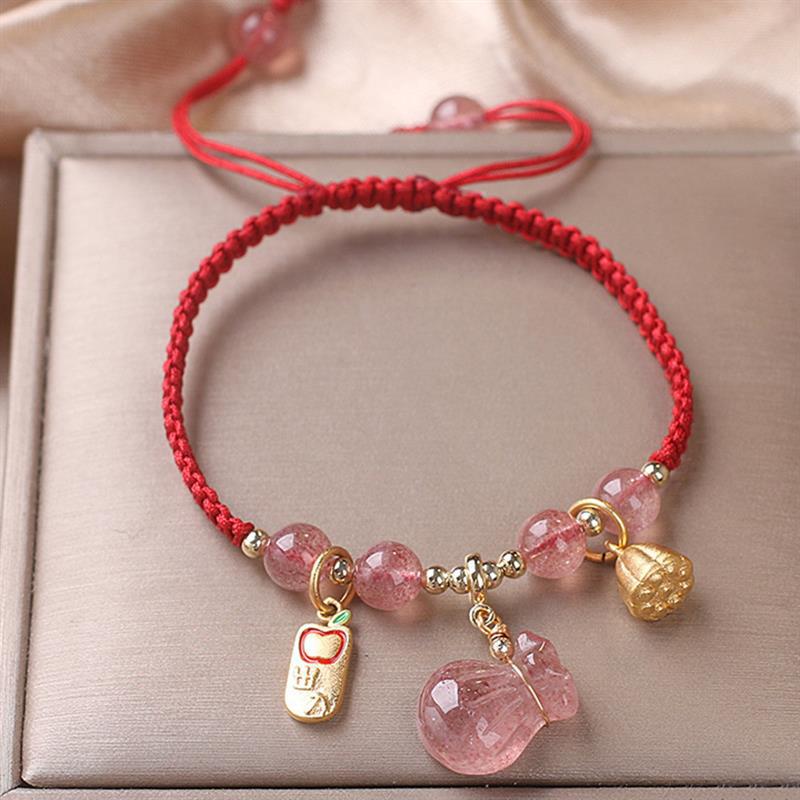 Strawberry Quartz Braided Red String Bracelet with Charm
