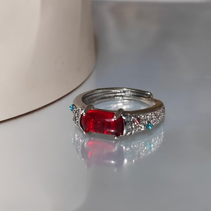 Retro Oval Openwork Adjustable Ring with Faux Gemstone