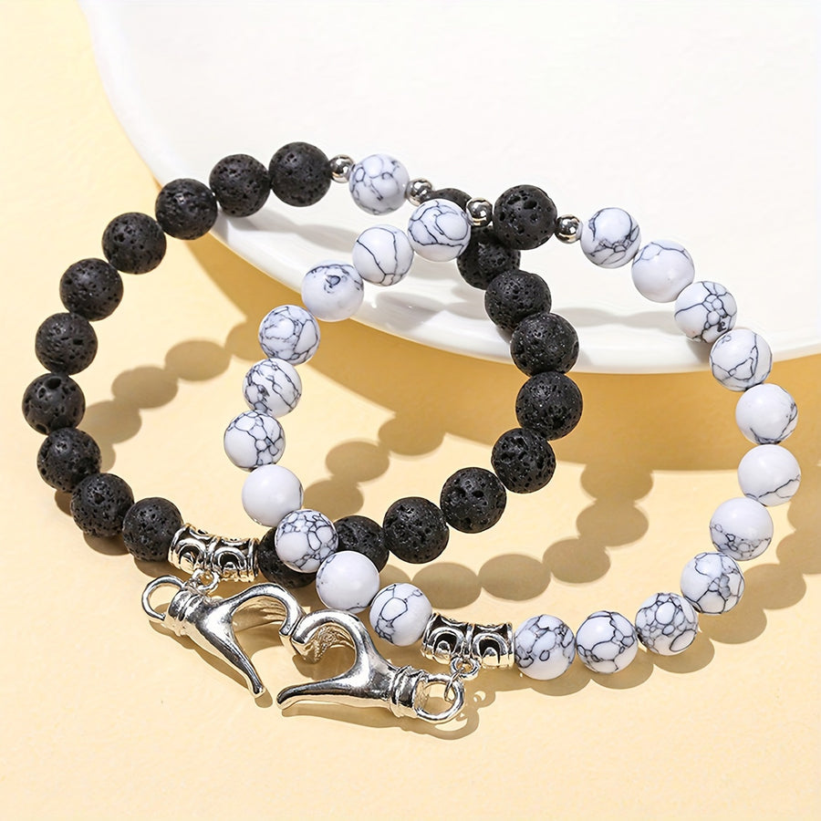 Black White Stone Couple Bracelet Set with Cross Charm