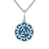 Close up of a round silver pendant with three rabbits and blue turquoise details on a chain