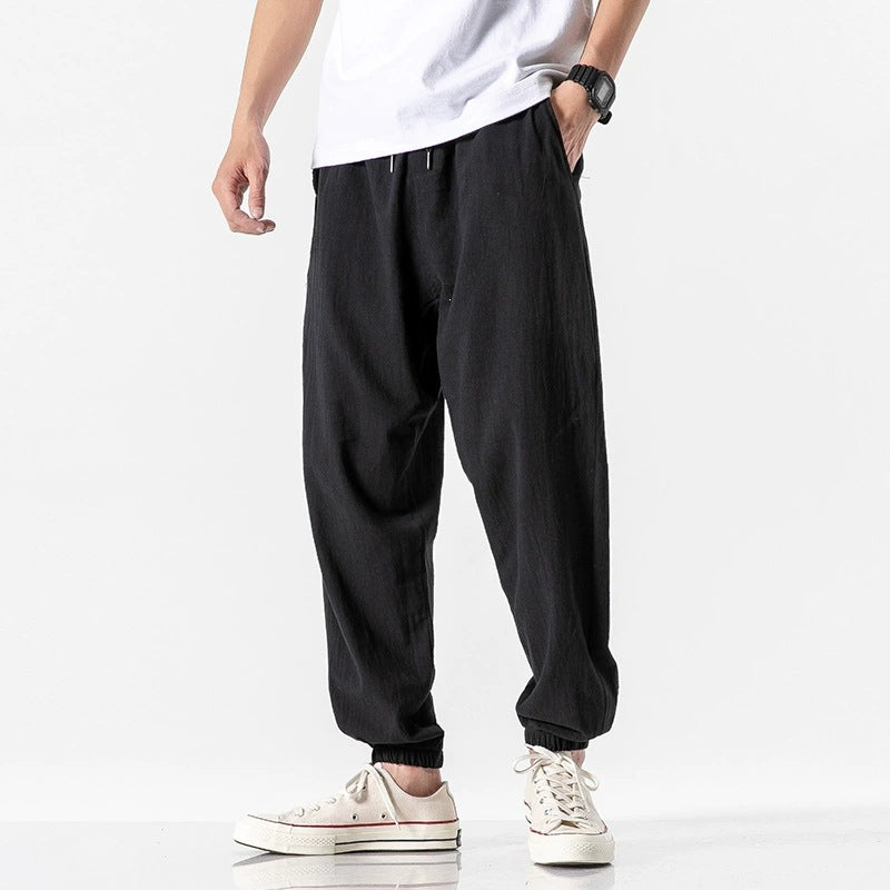 Solid Color Drawstring Cotton Men's Pants With Pockets
