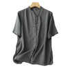 Women's Cotton Linen Stand Collar Shirt, Retro Frog Button Top