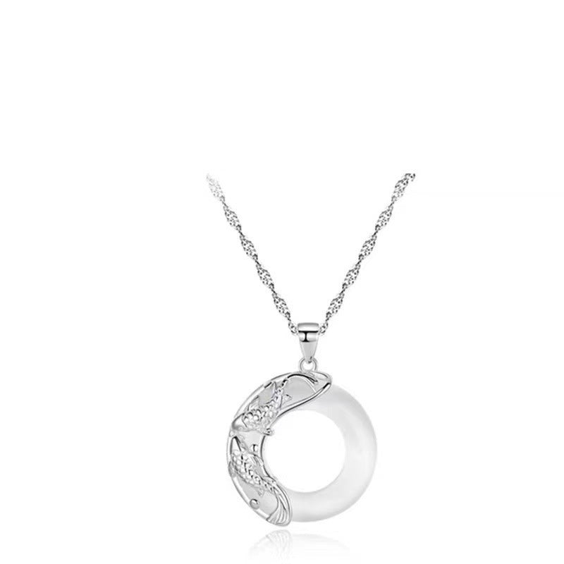 Sterling Silver Koi Fish and Peace Buckle Necklace with White Stone