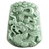Carved bean green jade dragon pendant hanging from a beaded cord