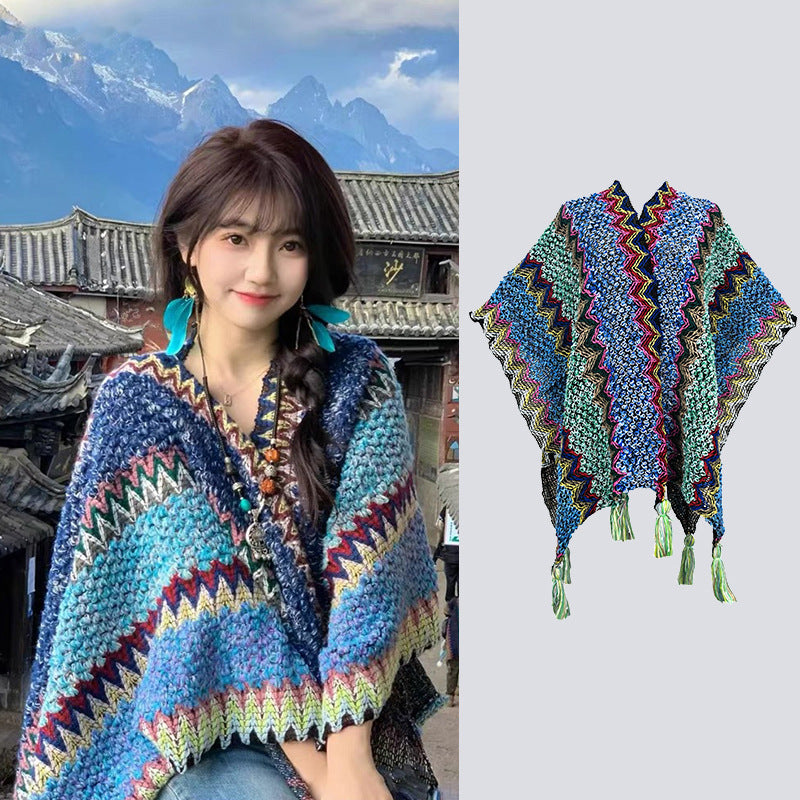 Knit Striped Poncho Wrap with Tassels, Cozy Travel Shawl