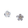 Pair of small white flower stud earrings with gold centers made of sterling silver