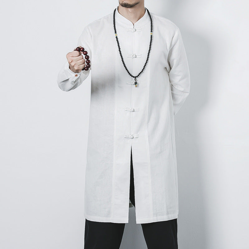 Men's Linen Mid-length Coat Frog Button Zen Clothing Fall Outerwear