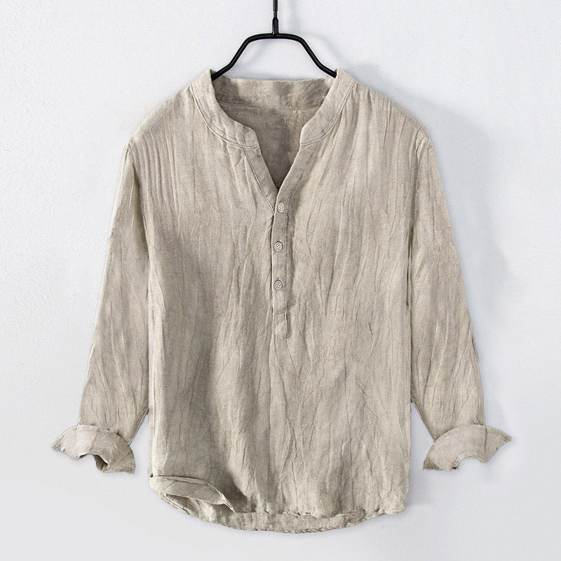 Beige men's long sleeve cotton linen shirt with stand collar