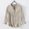 Beige men's long sleeve cotton linen shirt with stand collar