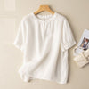 Women's Casual Cotton Linen Half Sleeve Shirt Round Neck Button Top
