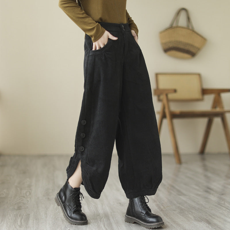 Women's Corduroy Pants With Pockets, Casual Buttons Leg Opening Design