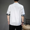 Men's Linen Tang Suit Shirt with Frog Buttons and Crane Print