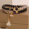Gray Agate and Gold-tone Sheen Obsidian Double Wrap Bracelet with Lotus Charm