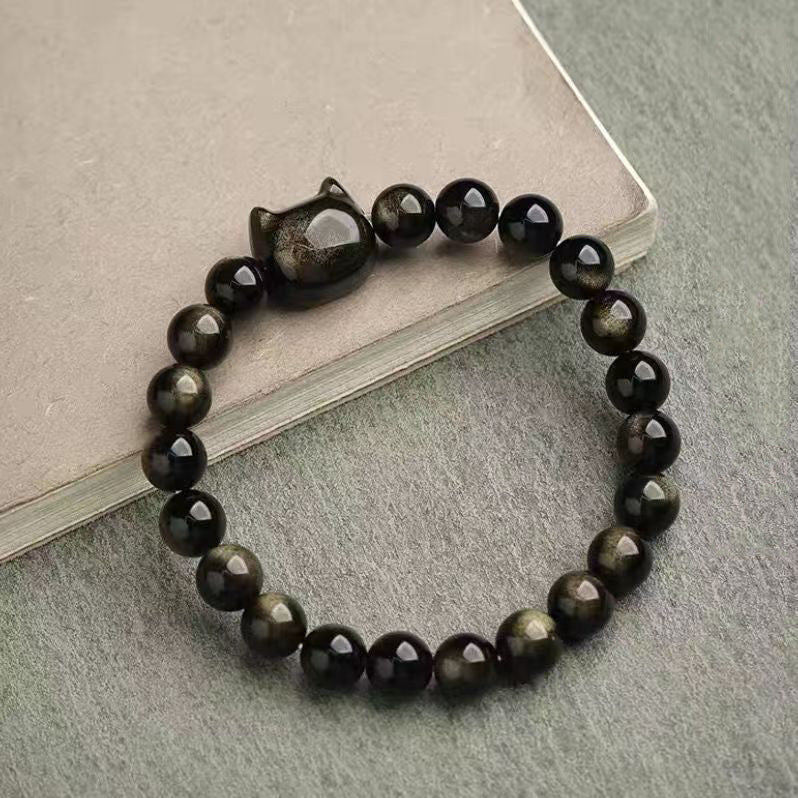 Obsidian Cat Charm Bracelet for Luck and Confidence