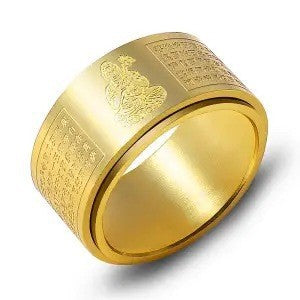 Gold titanium steel ring with engraved Heart Sutra text and zodiac symbol
