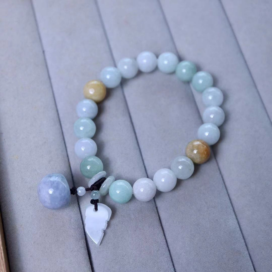 Natural Jade Bracelet with Pixiu or Gourd Charm, 10mm Beads