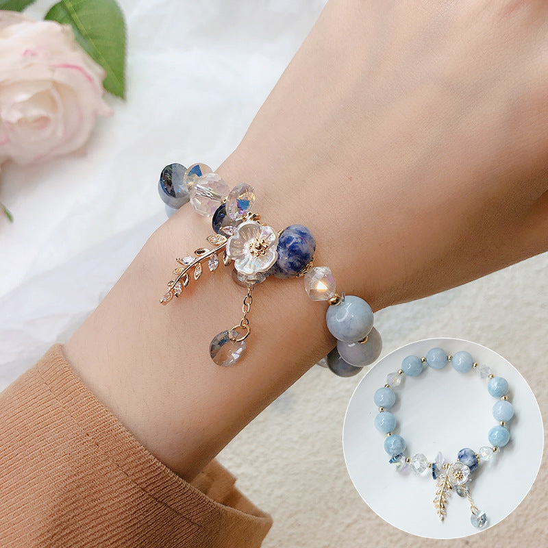 Crystal Flower Bracelet with Leaf Charm