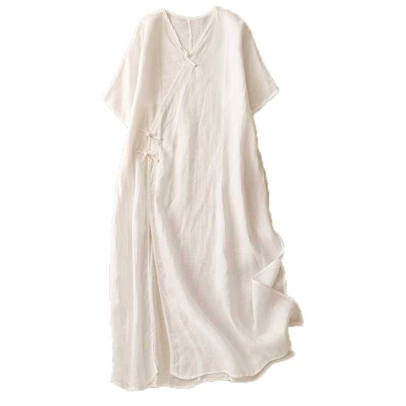 White cotton linen midi dress with V-neck and frog buttons laid flat