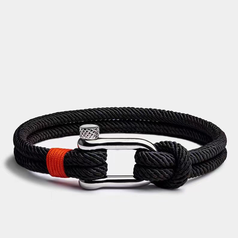 Titanium Steel U-Shaped Shackle Bracelet, Handwoven Rope
