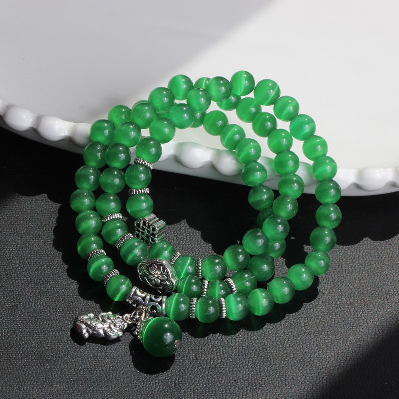 Cat Eye Triple Wrap Bracelet with Lucky Cat Charm