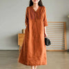 Cotton Linen Midi Dress with V-neck and Pleated Detail