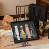 Four metal bookmarks shaped like Chinese musical instruments in a black gift box