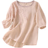 Pink women's half sleeve cotton linen t-shirt with leaf embroidery