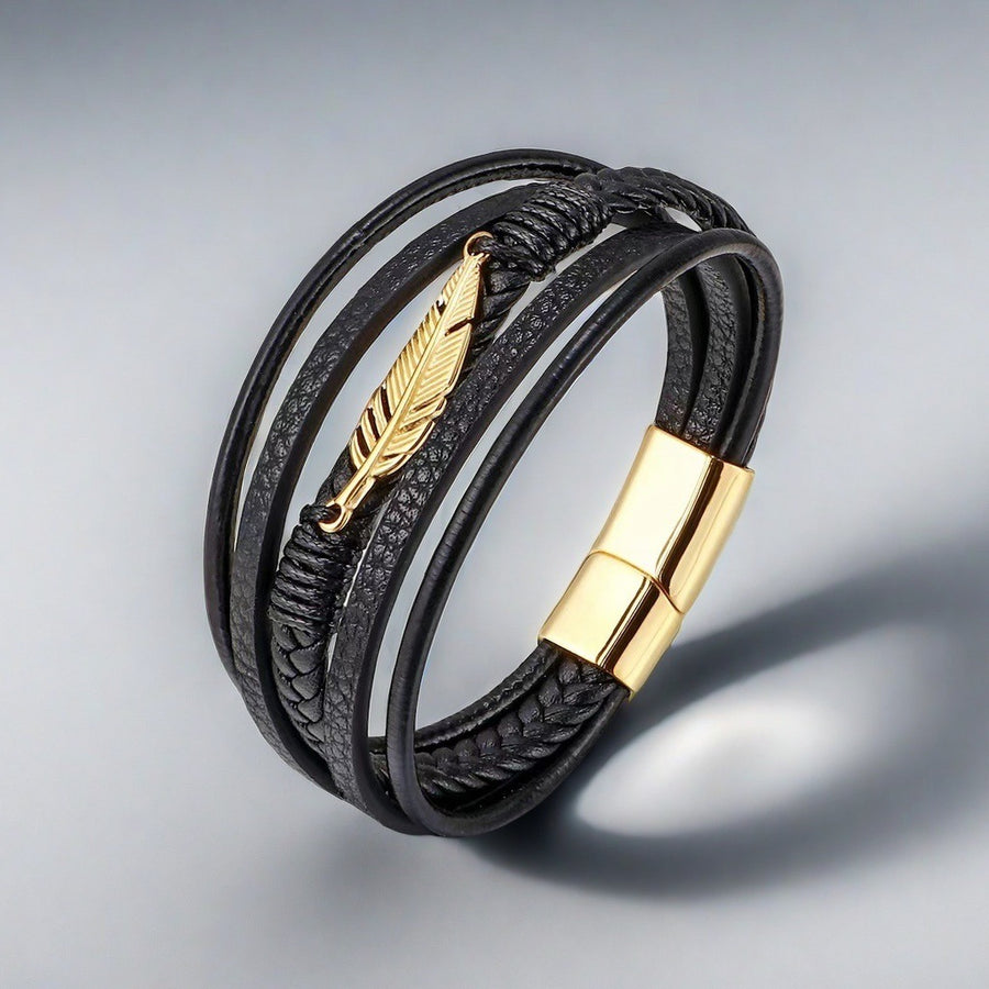 Feather Pattern Multilayer Leather Titanium Steel Calm Braided Magnetic Buckle Bracelet