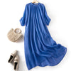 Blue Cotton Linen Long Dress with Three-Quarter Sleeves