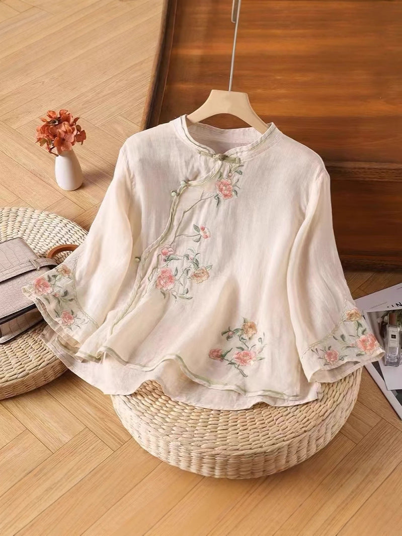 Beige embroidered cotton linen shirt with floral pattern and frog buttons
