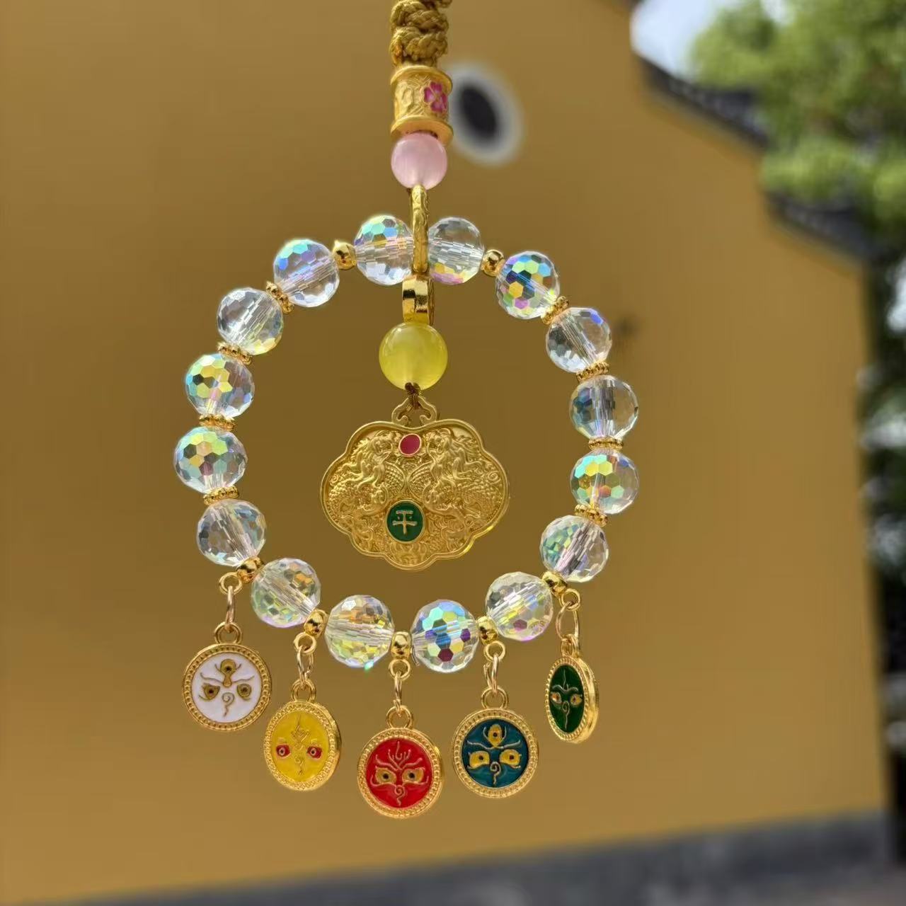 Gold-tone car hanging decoration with clear crystal beads and colorful charms