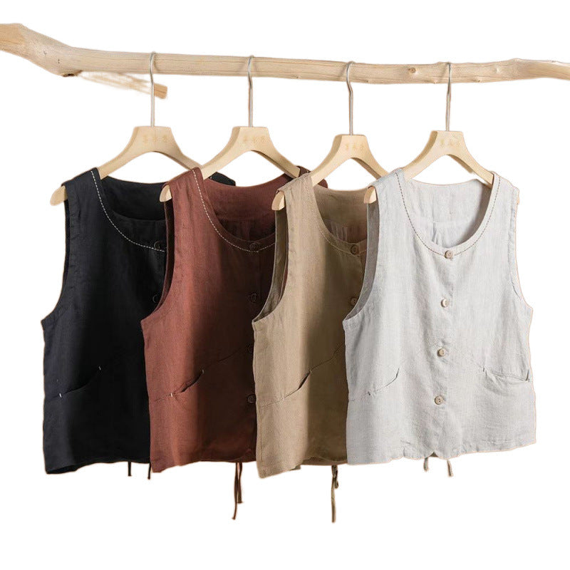Beige cotton linen women's vest with buttons and pockets