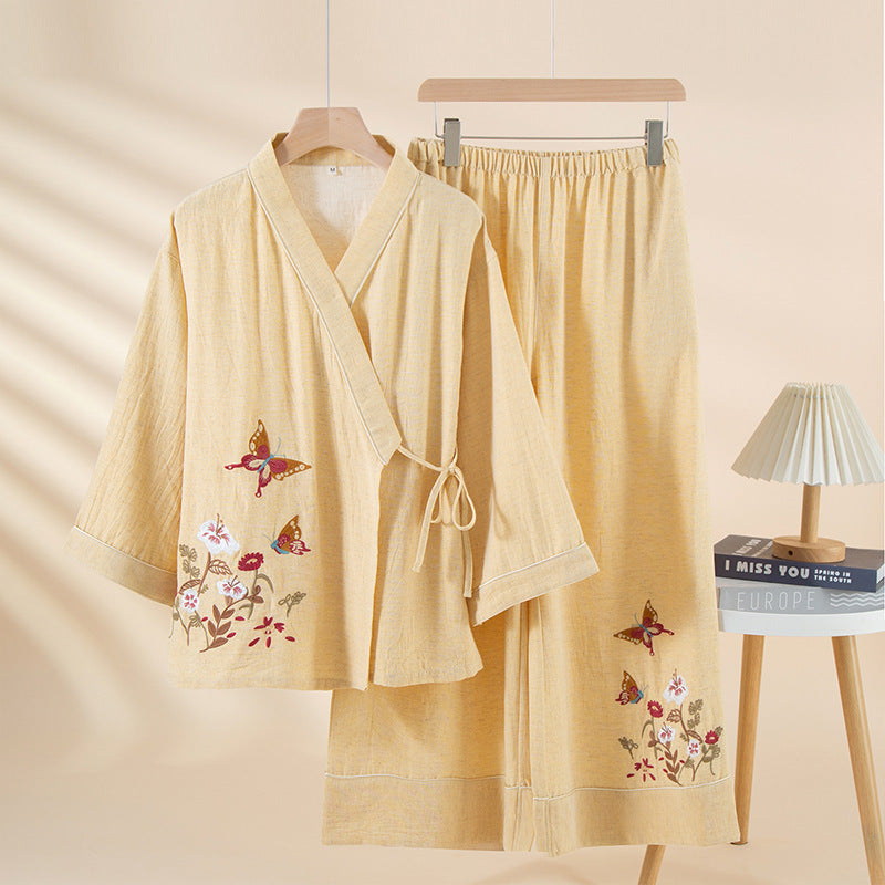 Embroidered Butterfly Pajama Set, Lyocell V-Neck Loungewear