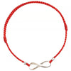 Close up of a red braided cord bracelet with a silver infinity symbol centerpiece