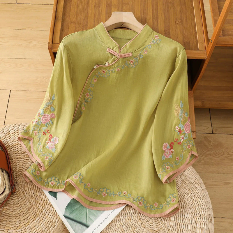 Women's Embroidered Flower Stand Collar Cotton Linen Shirt