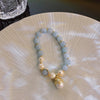 Pearl Peace Lucky Cat Charm Bracelet with Strawberry Quartz or Blue Stone