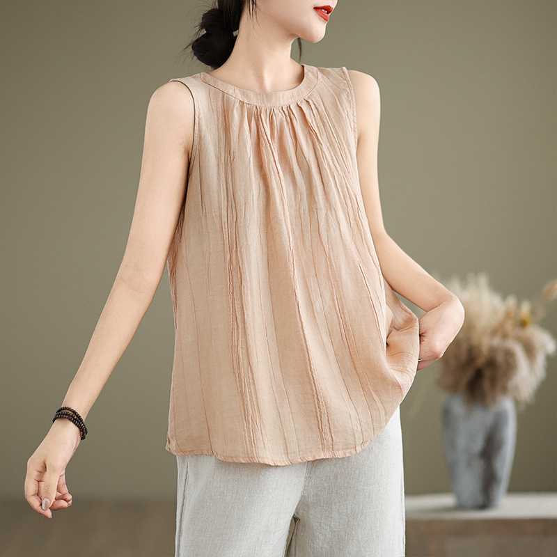 Women's Summer Wrinkles Simple Design Crew Neck Sleeveless Vest Waistcoat