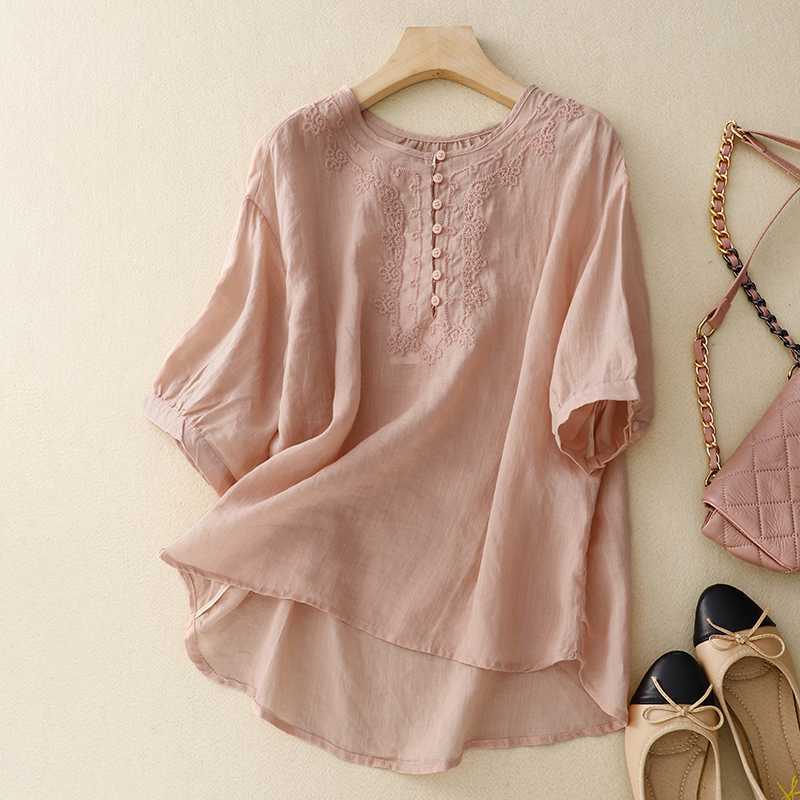 Women's Embroidered Cotton Linen Top, Round Neck Half Sleeve