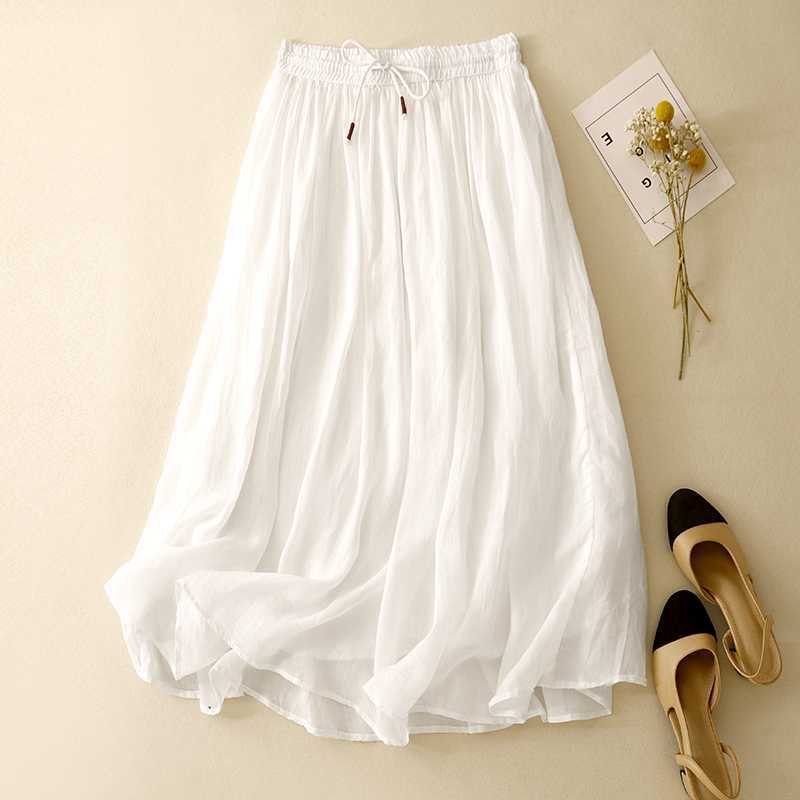 Linen A-Line Skirt with Elastic Waist and Pockets