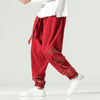 Men's Harem Pants with Cloud Embroidery, Cotton Linen Drawstring Trousers