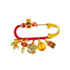 Gold-tone safety pin brooch with red cord and hanging Chinese lucky charms including a horse and coin.