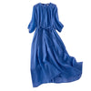 Blue Cotton Linen Long Dress with Three-Quarter Sleeves