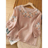 Cotton Linen Embroidered T-shirt Women's Crew Neck Three Quarter Sleeve Top
