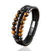 Men's Stone Bead Leather Bracelet, Stainless Steel Clasp
