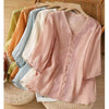Embroidered V-Neck Linen Shirt for Women, Frog Button Top
