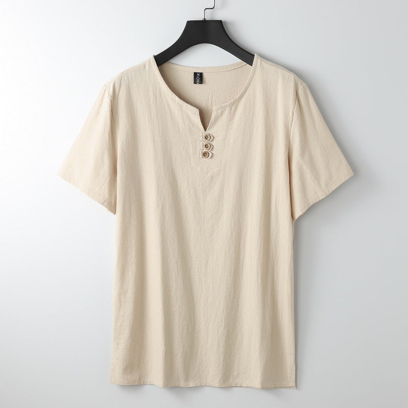 Men's solid color short sleeve t-shirt with three-button v-neck collar hanging on a hanger