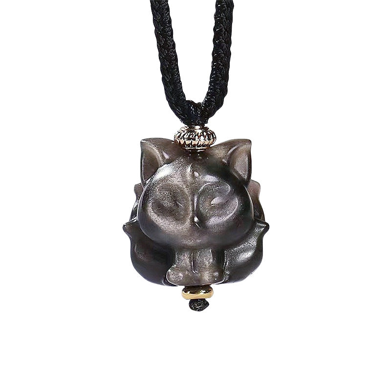 Silver Sheen Obsidian Fox Pendant Necklace